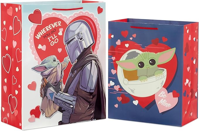 Hallmark Star Wars The Mandalorian Valentine's Day Gift Bag Set (2 Bags: 1 Large 13", 1 Extra Large 15") Grogu, Baby Yoda, for Kids, Husbands, Fans, May the 4th