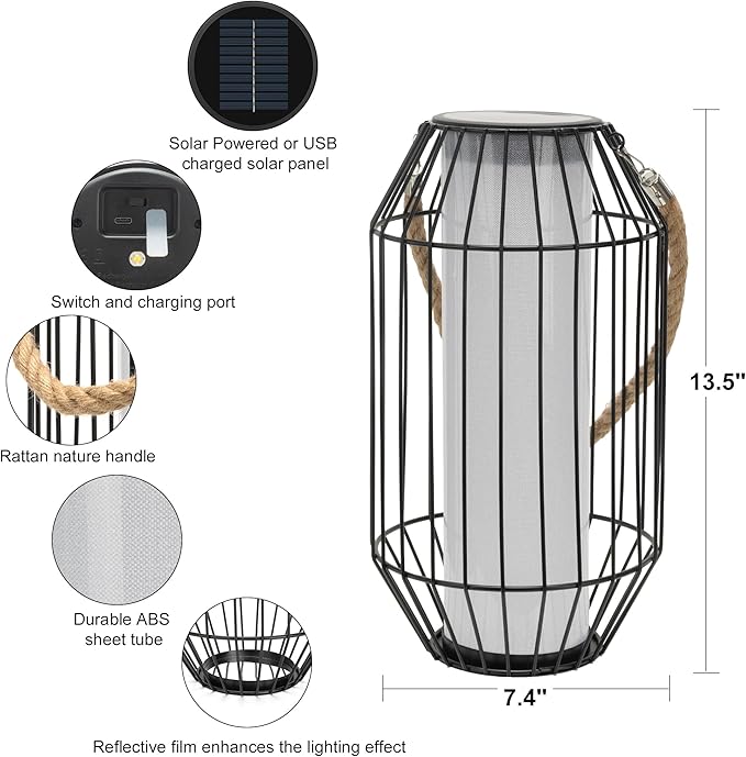 pearlstar Solar Lanterns Outdoor Waterproof Dual Charging (USB/Solar) Hanging Lantern Large Metal Floor Lamp for Patio Table Outside Porch Yard Garden Pool Decor