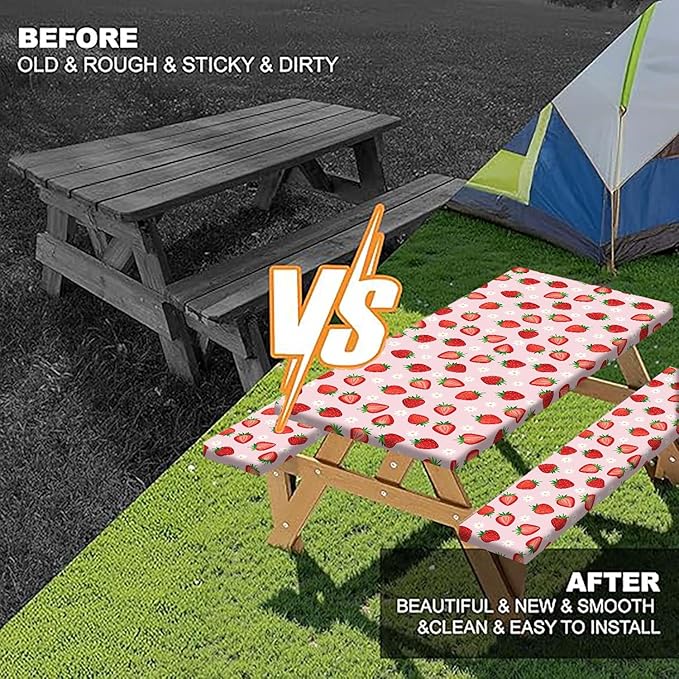 Strawberry Picnic Table Cover with Bench Covers and Bag, Camping Essentials, Berry Waterproof Windproof, Fitted Tablecloth Cover with Elastic Edge for Outdoor Garden 3 PCS 30x60 Inch