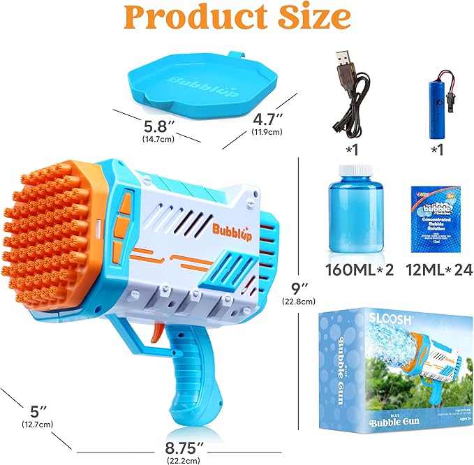 JOYIN Sloosh Bubble Machine Guns, 69 Holes Bubble Gun Blaster Blower for Kids Adults, Colored Light Bazooka Rocket Shape with Solution Outdoor, Summer Toy, Gift, Party Favor, Wedding, Birthday, Easter