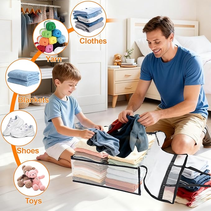 8 Pack Clear Clothes Storage Bags, Vinyl Blanket Storage Containers with Heavy Duty Zipper, Foldable Moving Bags, Closet Organizers for Bedding, Clothing, Comforters, Linens, Duvet (40L)