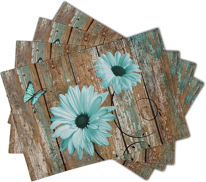 Giwawa Rustic Daisy Placemats Set of 4- Teal Sunflowers on Vintage Wood Board Linen Place Mat- Farmhouse Wooden Non Slip Heat Resistant Table Mats for Dining Kitchen Cabin Lodge Decor