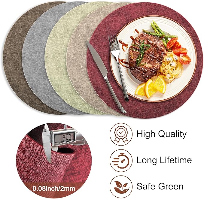 Round Faux Leather Placemats and Coasters, Set of 6, Reversible Heat Resistant Non-Slip Table Mats, Waterproof Wipeable Place Mats for Dining Table, Washable for Indoor & Outdoor (6, Red)