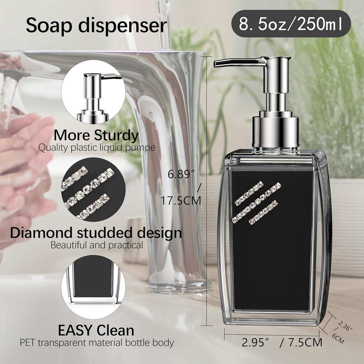 Black Soap Dispenser with Refillable Plastic Pump for Bathroom Sink or Kitchen Counter, Ideal for Hand Soap, Liquid Soap, Dish Soap, or Lotion Use