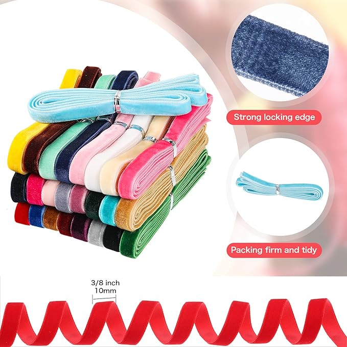 Syhood 60 Yards 3/8" Velvet Ribbon Assorted Colors Bulk for Gift Wrapping DIY Craft Hair Bow Tree Wreath Bows Door Garland Wedding Decor