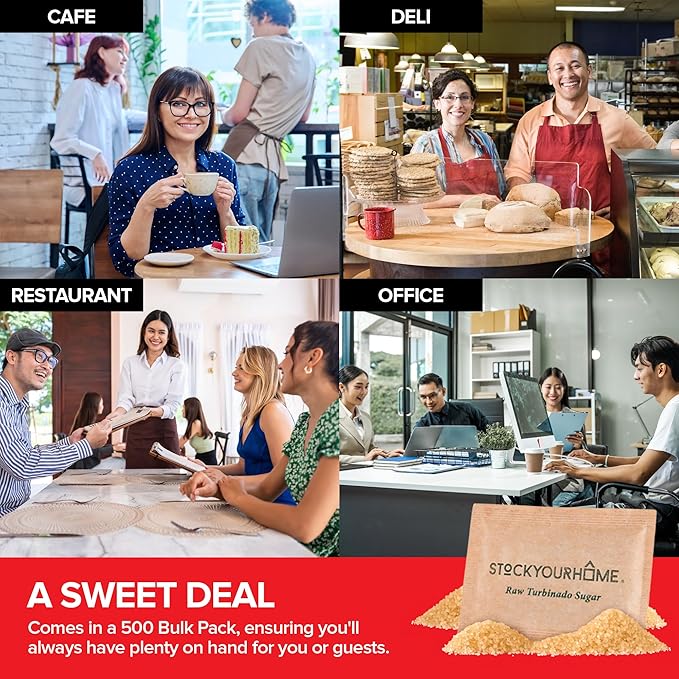 Bulk Sugar Packets, 500 Count - Individual Servings of Turbinado Sugar Packets for Coffee & Tea