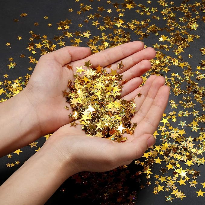 Hestya Star Confetti Glitter Table Confetti Metallic Foil Stars for Graduation Wedding Birthday Party Decorations(Glitter Gold Set,10mm and 6mm,60g)
