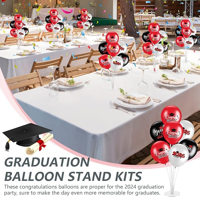 4 Set Graduation Party Balloon Stand Kits for Table Centerpieces Balloon Tables Holders with Congrats 2026 Graduation Party Decorations for School College Photo Props(Red)