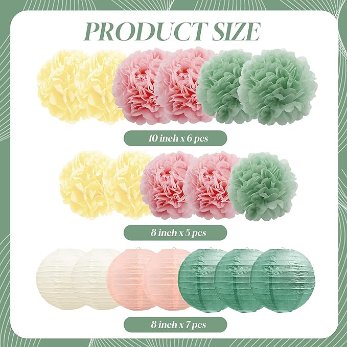 BEISHIDA Pink Green Tissue Hanging Paper Flowers Lanterns Party Decorations Set for Birthday Graduation Baby Shower Bridal Bachelorette Wedding Photo Booth Backdrops Party Supplies(18 Packs)