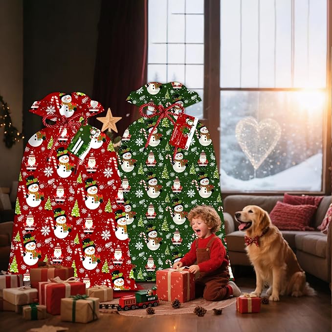 2 Pcs Large Gift Bags Xmas Santa Snowman Gift Bag Oversized Plastic Storage Bags 48"x 36" for Huge Big Gifts Presents Wrapping Kids Bicycle Bike Goodie Bags, Birthday, Party, New Parents Baby Shower