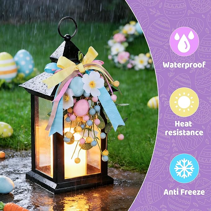 Easter Decorative Candle Lanterns, Battery Operated with Timer, 2 Pack Black Easter Egg Lanterns, 14" Waterproof Hanging Lanterns for Porch, Patio, Wedding Spring Decor