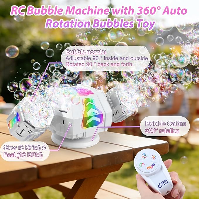 New RC Bubble Machine with RGB Lights, 360° Auto Rotation Bubbles Toy, Rechargeable Battery, Bubble Blower Maker for Kids, Parties, Birthday Gift, Weddings, Indoor Outdoor Activity, Silver-Purple