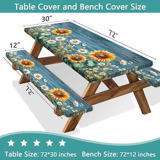 Picnic Table Cover with Bench Covers, Waterproof Elastic Fitted Tablecloths for 6 Foot Rectangle Tables, Outdoor Washable Sunflower Wooden Tablecloth for Camping 30X60in