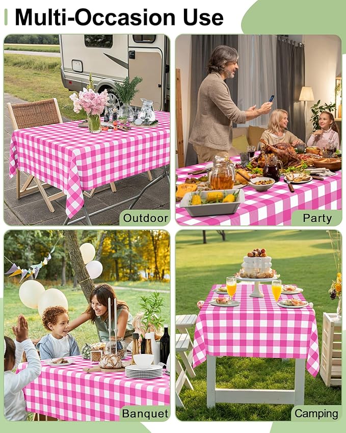 Smiry 8 Packs Gingham Disposable Table Cloth, 54 x 108 Inch Waterproof Plastic Tablecloth, Rectangle Hot Pink and White Checkered Table Covers for Party, Birthday, Picnic, Banquet