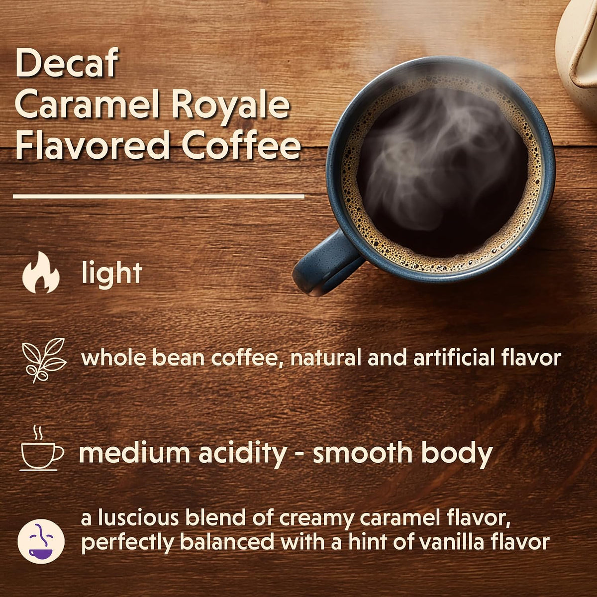 Coffee Bean Direct Decaf Caramel Royale Flavored, Whole Bean, 1lb Bag | Light Roast, Caramel Crème Flavored Coffee Beans