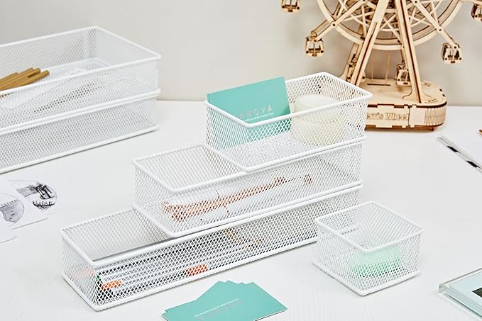 Annova Mesh Stackable Drawer Cabinet and Shelf Organizer Bins Storage Basket School Office Supply Holder Tray- Set of 2 (White, 3x6x2 Inch)