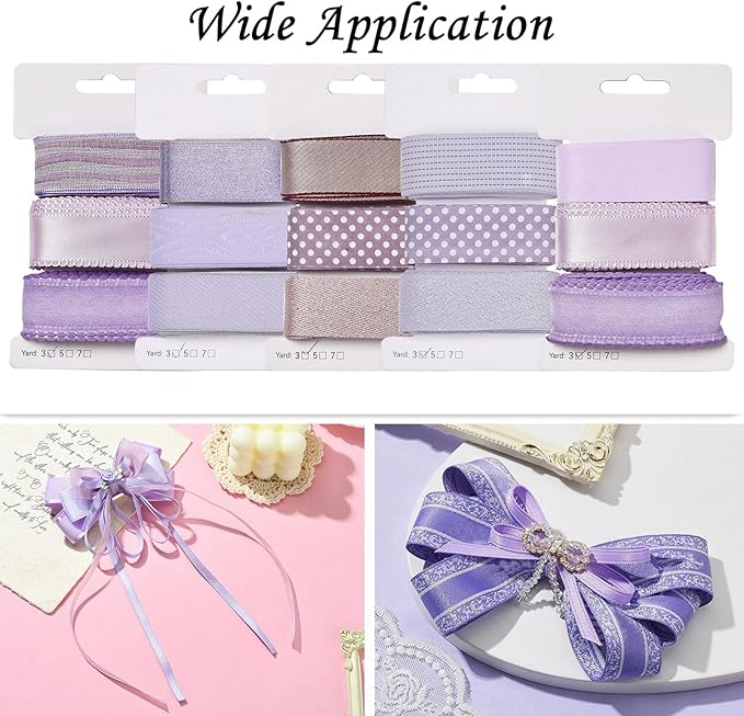 BEEFLYING 3 Styles Lavender Wire Edged Ribbons for Gift Wrapping, 25~28mm×2.7m Fabric Herringbone Ribbons for Wedding Party Decoration Hair Bows Flower Designs Sewing and Craft, 9 Yards