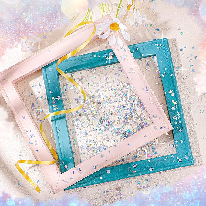 Skylety 60 G/ 2.1 oz Holographic Star Moon Glitter Fairy Confetti Sequin Galaxy Iridescent Metallic Glitter Foil Confetti Sequin Scatter for Valentines Wedding Party DIY(6 mm, 4 mm,Silver)