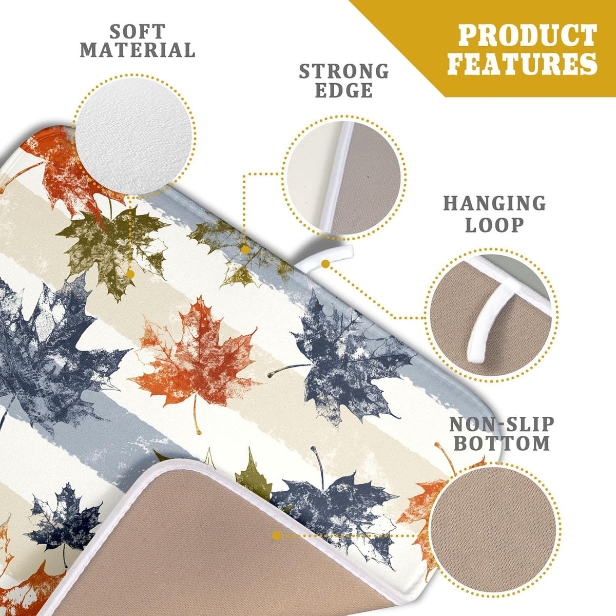 Autumn Colorful Maple Leaves Dish Drying Mat for Kitchen Counter,Blue and White Stripe Drying Mat 16 x 18 Inch with Absorbent Reversible Microfiber