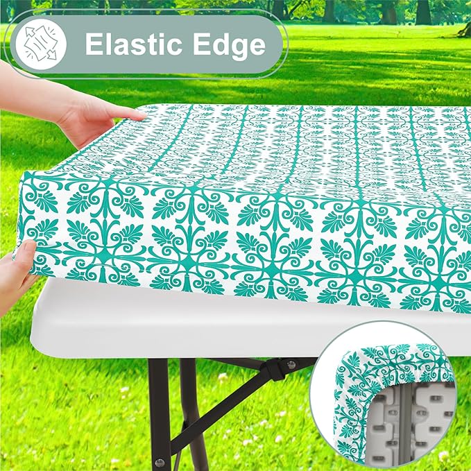 misaya Picnic Table Cover with Bench Cover, Waterproof Elastic Fitted Tablecloth for 6 Foot Tables, Rectangle Washable Polyester Tablecloths for Picnic, Camping, Outdoor (Teal, 30" x 72")
