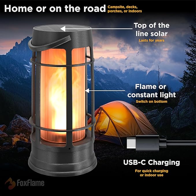 FoxFlame Upgraded Metal Outdoor Solar Lantern, Flickering Solar Lanterns Outdoor Waterproof with Patented LED, Outdoor Lanterns for Porch, Patio, Garden, Tabletop, Hanging Use, Matte Black (2 Pack)