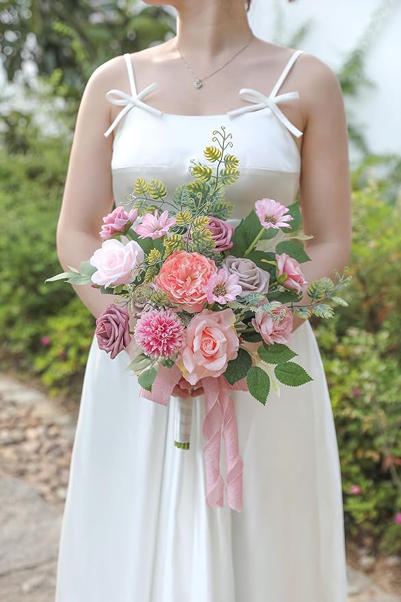 Artificial Flowers Combo Dusty Pink Silk Fake Flower for DIY Wedding Bridal Bouquets Floral Arrangement Birthday Cake Table Centerpieces Baby Shower Graduation Ceremony Party Home Decor