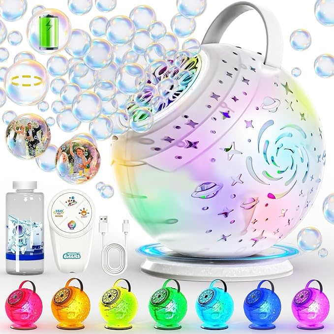 Rechargeable Bubble Machine - Auto 90°/360° Rotation, Remote Control and 7 Colors RGB LED Light, Bubbles Maker Toys for Kids, Bubbles for Wedding Parties, Easter Birthday and Xmas Gift for Boys Girls