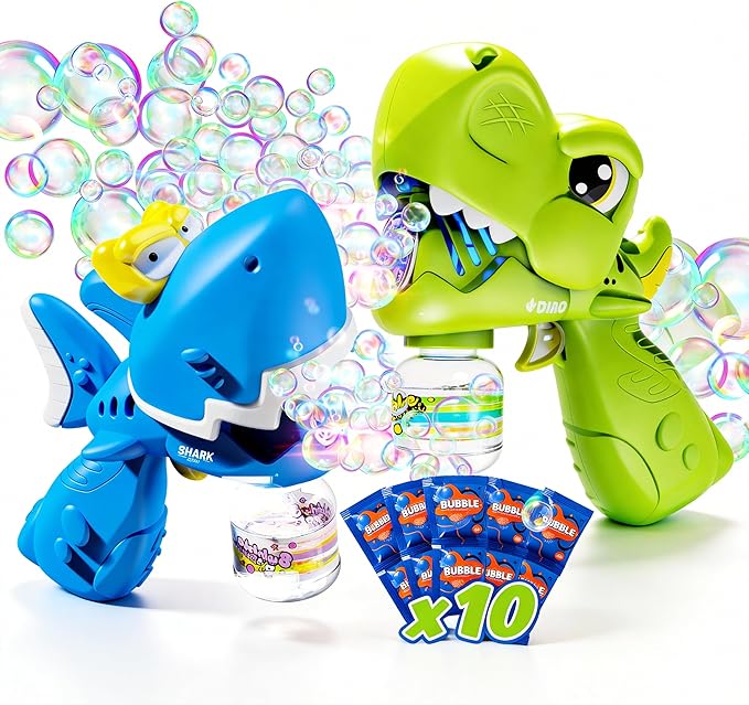 Bubble Guns for Toddlers 1-3, 2 Pack Movable Mouth Dino & Shark Bubble Machine Toys, Chomping Action Automatic Bubble Blaster w/LED Lights & 10 Refills, Rechargeable Outdoor Party Gifts for Ages 3-8