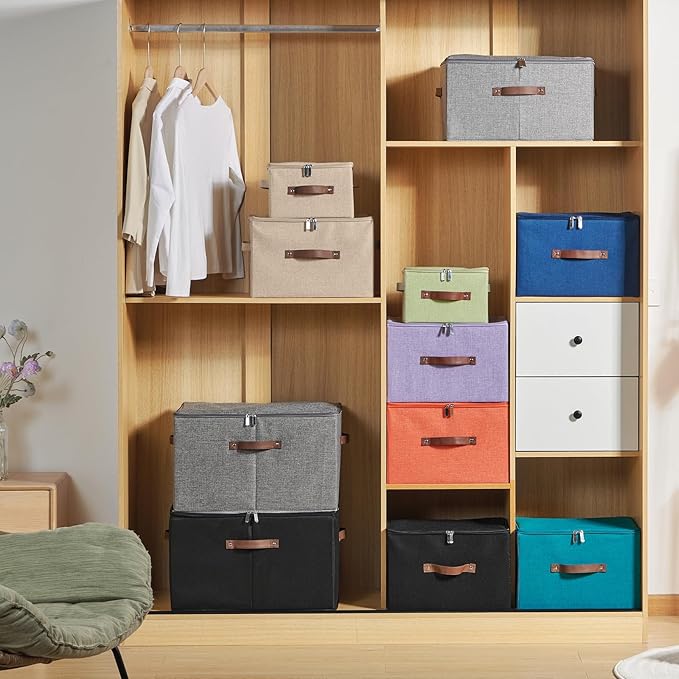 4 Pack Storage Bins with Zipper Lid Cotton Linen Fabric Lidded Storage Baskets Boxes Foldable Washable Closet Shelf Clothes Organizer Container with PU Leather Handles (Purple, Large)