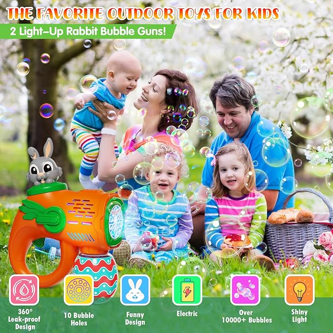 Bubble Guns for Toddlers,2 Pack Rabbit Bubble Machine for Kids, Bubble Blower with 10 Bubble Solutions,Outdoor Bubble Toy Summer Birthday Party Favors Gift for Age 3 4 5 6 7 8 Years Old Boys Girls