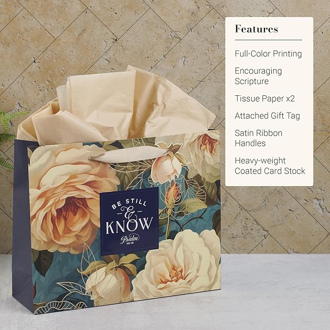 Christian Art Gifts Large Landscape Inspirational Scripture Gift Bag, Tag & Wrapping Tissue Paper Set for Women: Be Still Psalm Encouraging Bible Verse, Satin Ribbon Handles, Multicolor Rose Floral