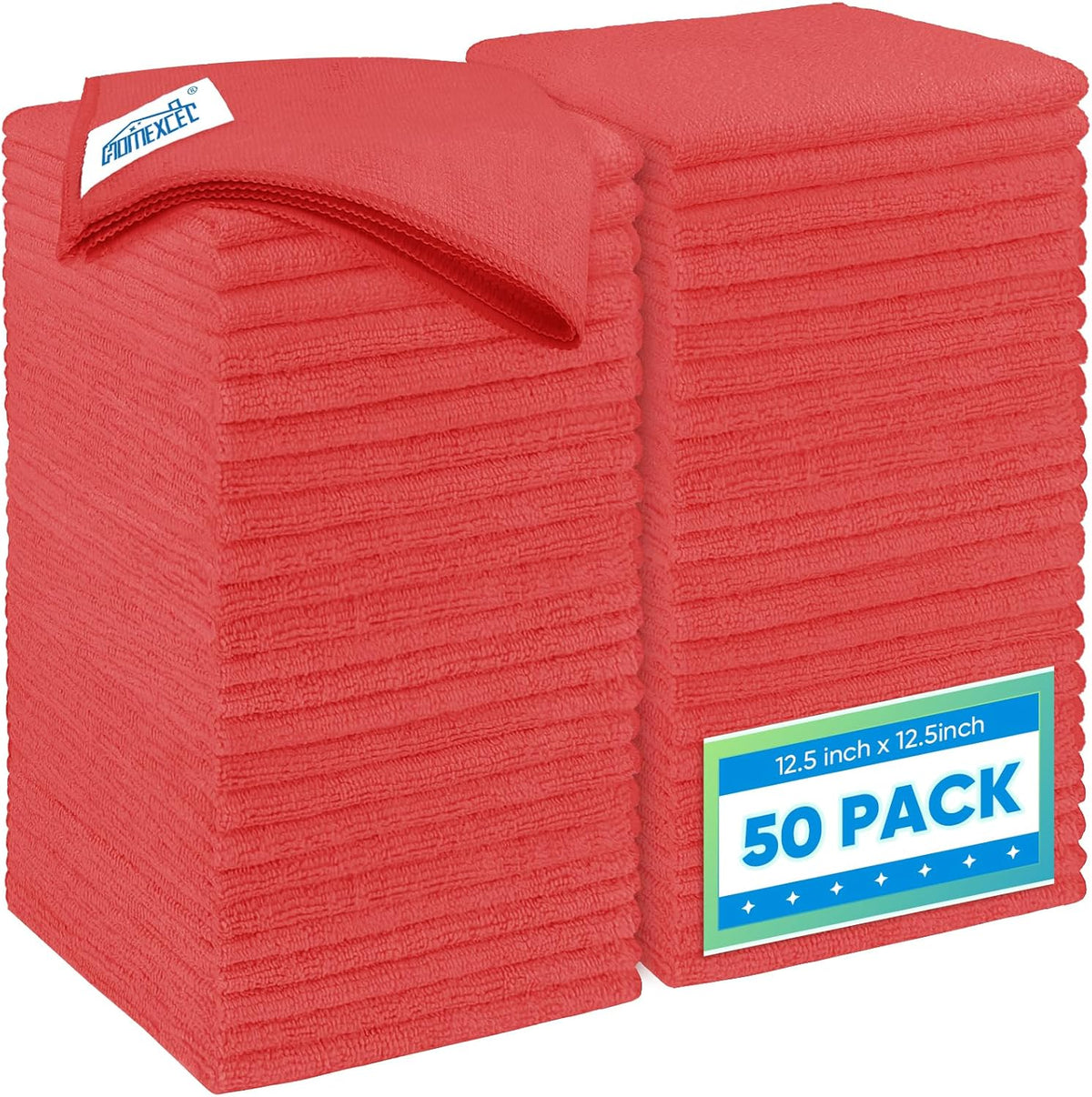 Homexcel Red Microfiber Cleaning Cloth 50 Pack, 12.5 x 12.5 inch Microfiber Towels for Cars, Ultra Absorbent Car Washing Cloth
