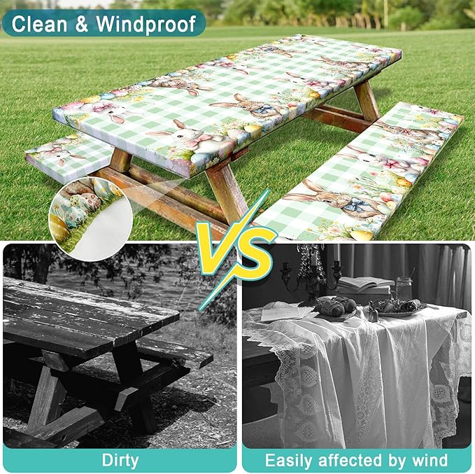 Easter Picnic Table Cover with Bench Covers, Camping Essentials, Easter Buffalo Plaid Rabbit Eggs Flower Outdoor Table Covers, Waterproof, Fitted Tablecloth Cover with Elastic Edge, 3 PCS, 30x96 Inch
