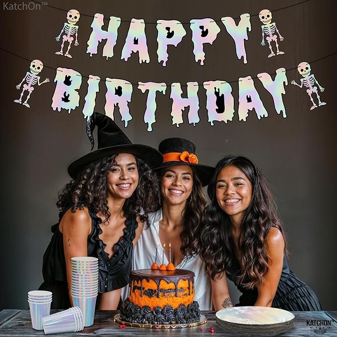 KatchOn, Iridescent Silver Halloween Happy Birthday Banner Decorations - 10 Feet, No DIY | Spooky Birthday Decorations | Halloween Decorations Indoor | Spooky Happy Birthday Banner