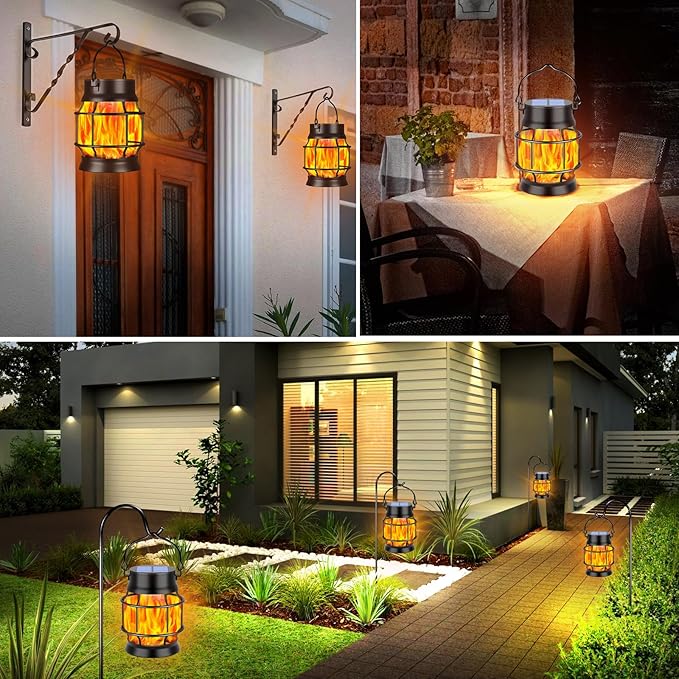 TomCare Solar Lanterns Flickering Flame Solar Lights Outdoor Waterproof Metal Hanging Lantern Lighting Solar Powered Lanterns for Decorative Outdoor Patio Porch Garden Lawn,2 Pack