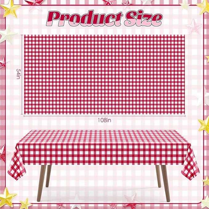 4 Pack Red Striped Gingham Tablecloths, 54 x 108 Inch Disposable Plastic Rectangle Table Covers, Waterproof Red and White Checkered Table Cloths for Picnic, Birthday, Party, Outdoor Events