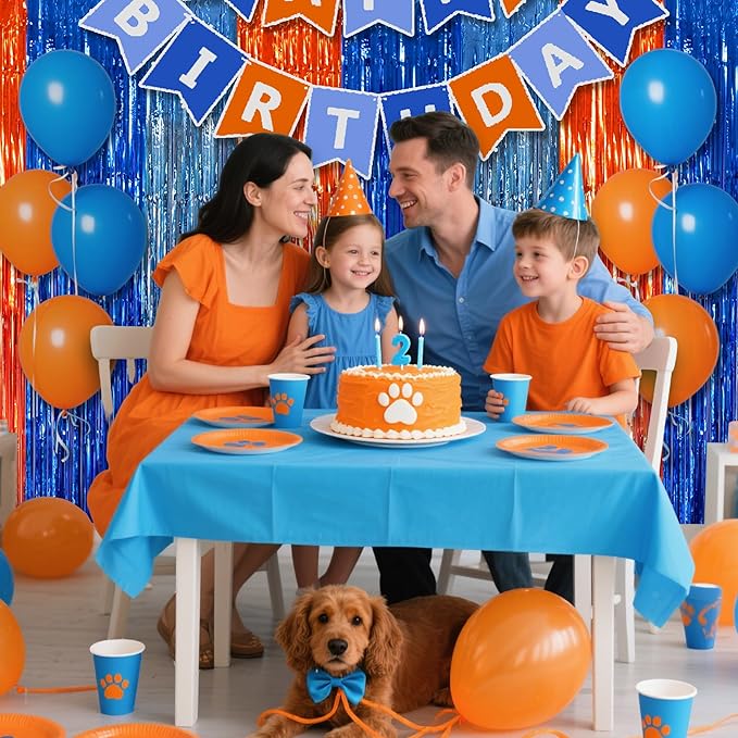 BEISHIDA 3Pcs Orange Blue Door Streamer Backdrop Foil Fringe Tinsel Curtains Backdrops for Bluey Birthday Decorations Blue Dog Party Supplies (3.28 ft x 6.56 ft)