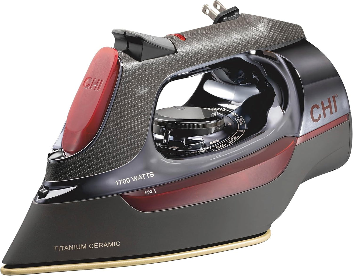 CHI Steam Iron for Clothes with 8’ Retractable Cord, 1700 Watts, 3-Way Auto Shutoff, 400+ Holes, Professional Grade, Temperature Control Dial, Titanium Infused Ceramic Soleplate, Black/Chrome (13109)