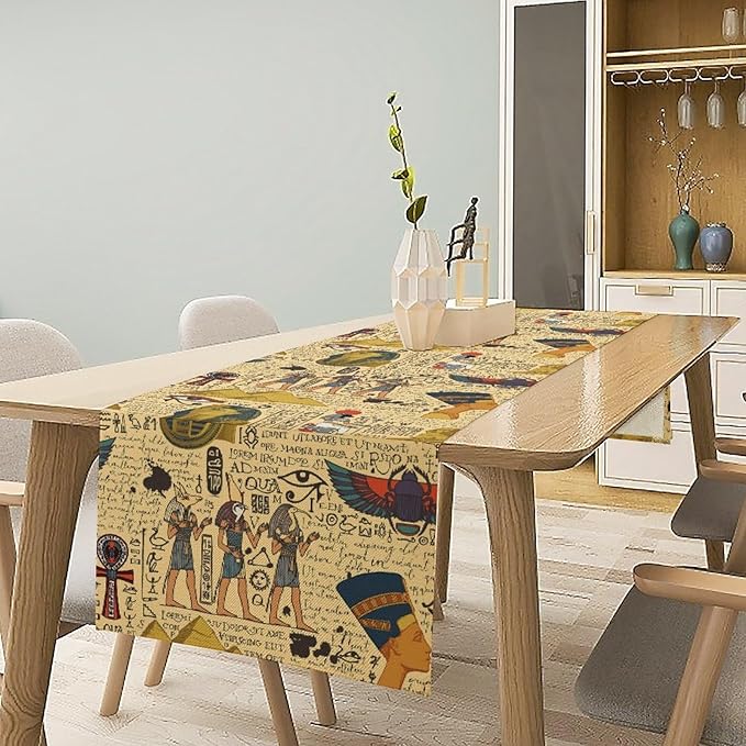 Ancient Egypt Table Runner, Egyptian Symbols Vintage Gold Pharaoh Pyramid Design Table Runner for Kitchen Family Dining Holiday Party 13x36in