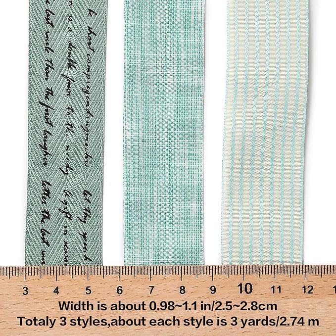 BEEFLYING 3 Styles 9 Yard Green Wire Edged Ribbons Wrapping Deco 25~28mm×2.7m Stripe Ribbons Satin Ribbons for Wedding Party Decoration Hair Bows Flower Designs Sewing and Craft