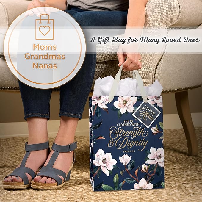 Christian Art Gifts Large Portrait Inspirational Scripture Women's Gift Bag, Tag & Wrapping Tissue Paper Set: Strength & Dignity Bible Verse for Moms, Cute Navy Blue Floral/Gold, Satin Ribbon Handles