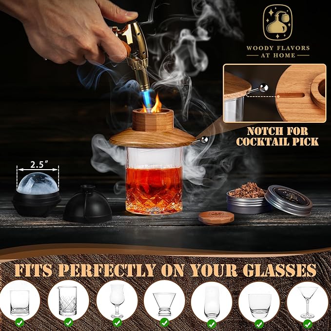 Old Fashioned Cocktail Smoker Kit for Whiskey, Bourbon, and Drinks with Cherry Smoker, Natural Wood Chip Flavors, Culinary Torch, Ice Cube Spheres, 2 Coasters, 2 Glasses