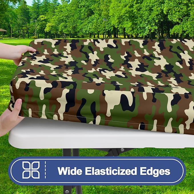 Smiry Picnic Table Cover with Bench Covers, Waterproof Elastic Fitted Tablecloth for 6 Foot Tables, Washable Polyester Camouflage Tablecloths for Camping & Indoor (Olive Drab, 30x72 Inch 3-pc Set)