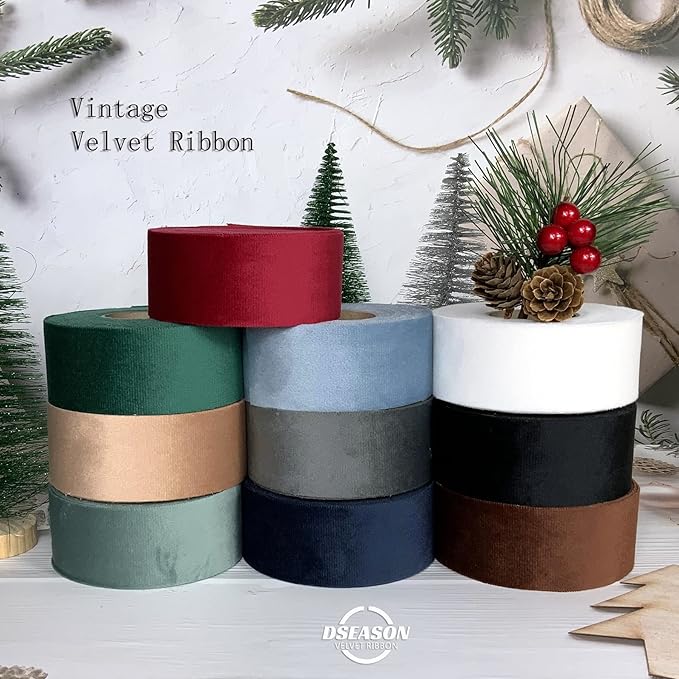Velvet Ribbon Set 1.5" x 10 Yards, 1 Rolls, Dseason Handmade Green Velvet Ribbon Set for Gift Wrapping & Bow Making, Christmas Tree, Wreath Decoration, DIY Crafts Decoration