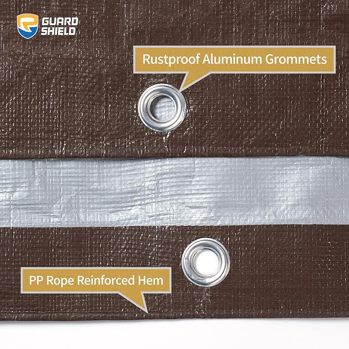 GUARD SHIELD Tarps Heavy Duty Waterproof 8x10 Feet Brown/Bright Silver Poly Tarp Cover Outdoor Thick UV Resistant Tarpaulin with Grommets 10mil