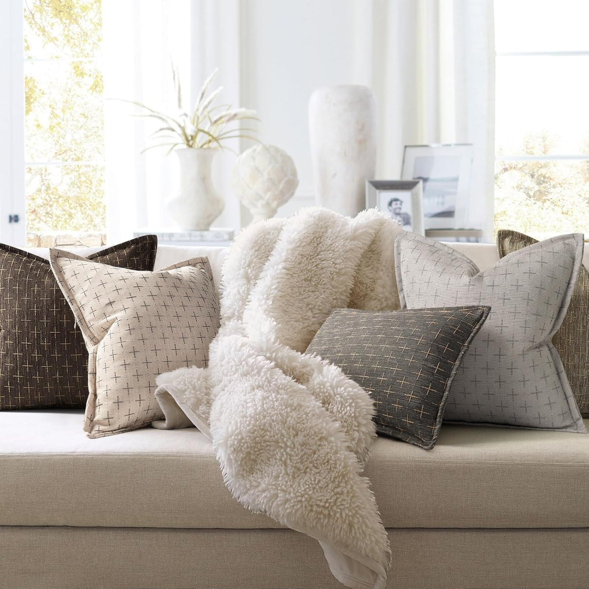 ZWJD Pillow Covers 18x18 Set of 2 Soft Polyester Textured Pillow Covers with Stylish Flange Edge Cozy Farmhouse Throw Pillows for Couch Bed Sofa Living Room