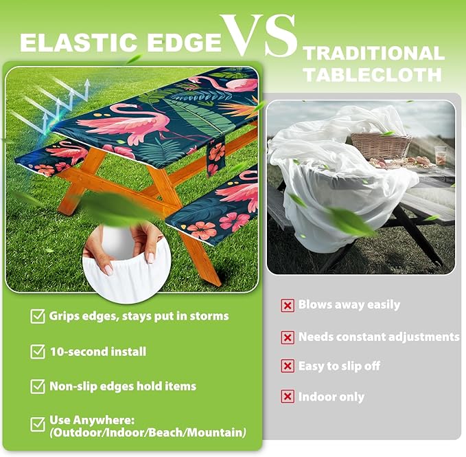 Fitted Picnic Table Cover with Bench Covers, Windproof Vinyl Table Cloths Outside Camping Cooking Backyard Furniture Seat Cushion Tablecloth Activities Party Decor Decorations Para Acampar Equipment