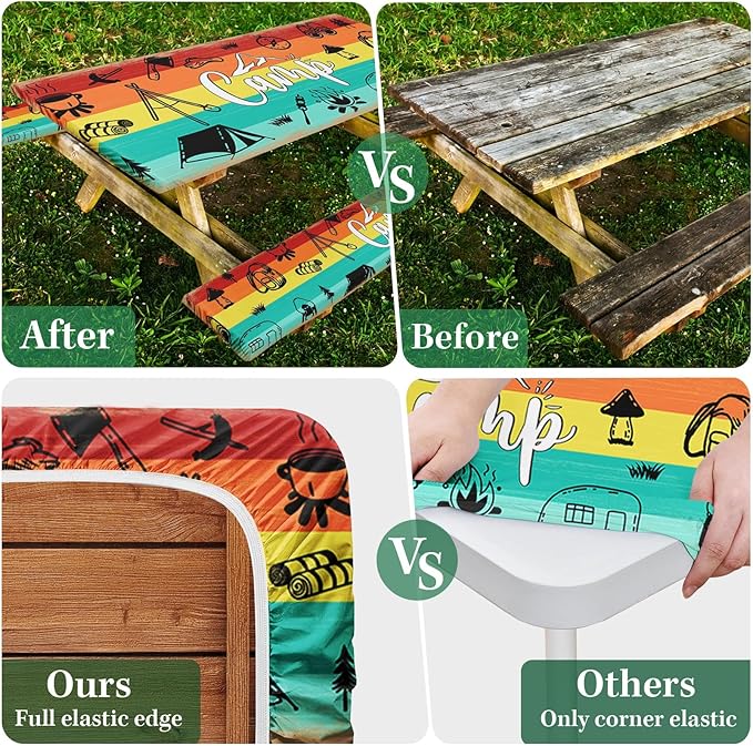 Picnic Table Cover with Bench Covers Elastic Edges, Rainbow Wood Camper Fitted Table Cover, Outdoor Patio Camping Essentials 72 Inch 3PCS, Waterproof Camping Fitted Tablecloth with Drawstring Bag