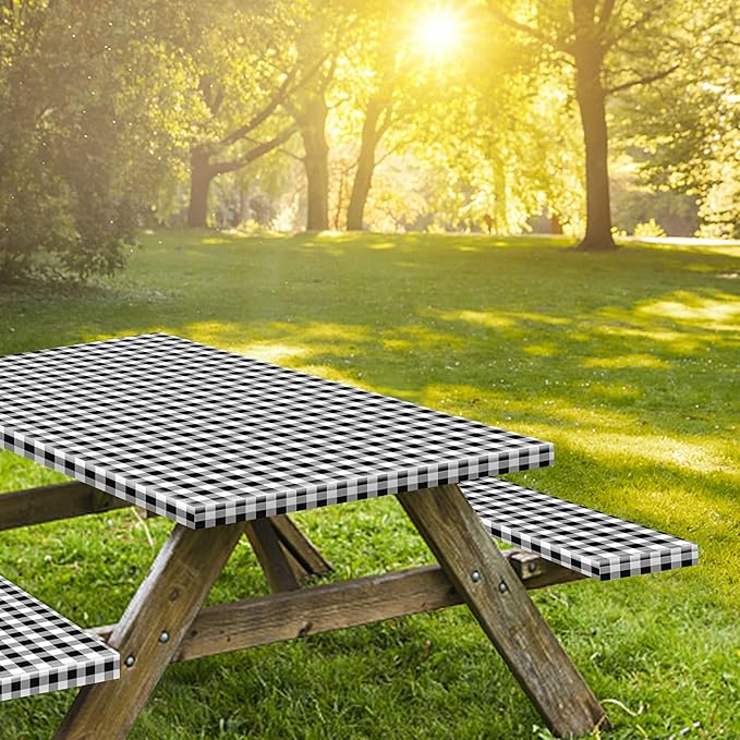 5ft Picnic Table and Bench Cover, Camping Essentials RV Gear, 60 in Waterproof Windproof Outdoor Elastic All Around Tablecloth, Fitted Rectangle Tables and Seats, Black-White Checkered