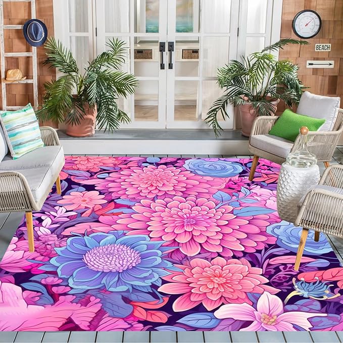 Vibrant Floral Outdoor Rug Modern Flower Texture Rugs for Patio Deck Porch Balcony Waterproof Non Slip Camping Garden Large Outside Carpet Easy Clean Machine Washable Pool Mat Pink Purple 6x9